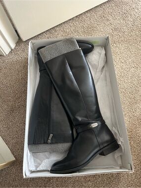 Michael Kors Black Leather Boots with Silver Logo Plaque